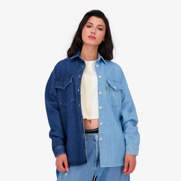 Upcycling chemise oversized femme en jeans bi-couleur - SHER V2 - KONTAKT
