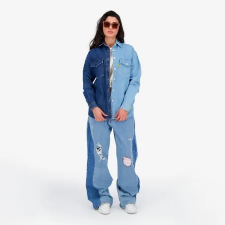 Upcycling chemise oversized femme en jeans bi-couleur - SHER V2 - KONTAKT