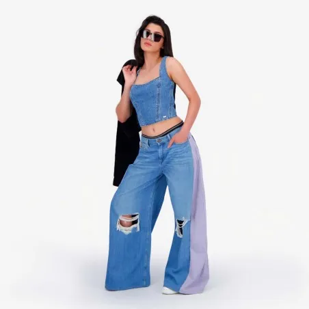 Upcycling wide leg jeans femme bi-couleur - WIDED - KONTAKT