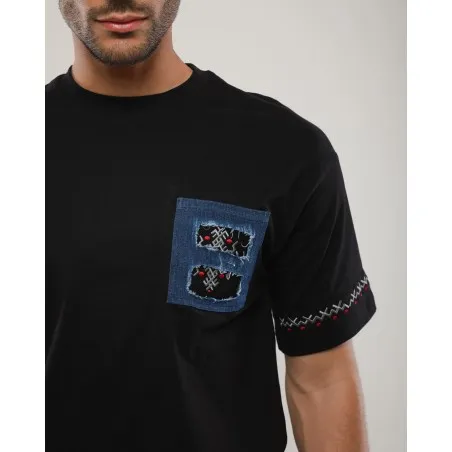 T-shirt Noir Broderie Berbère – Détails Denim - MAZIJ