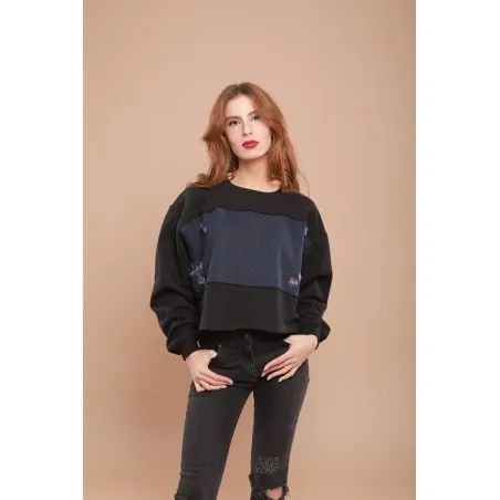 Sweat-shirt noir avec tissus impression cachemire - MAZIJ