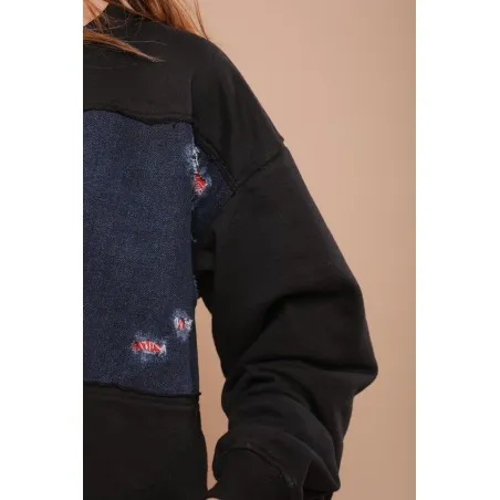 Sweat-shirt noir avec tissus impression cachemire - MAZIJ