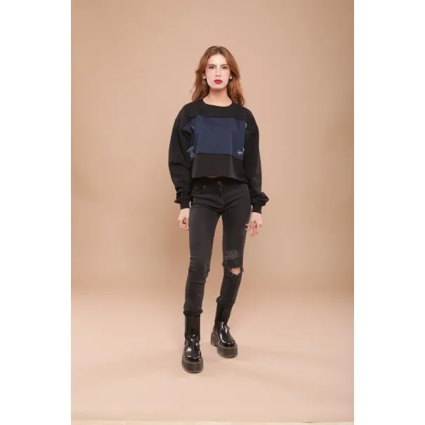 Sweat-shirt noir avec tissus impression cachemire - MAZIJ