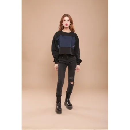 Sweat-shirt noir avec tissus impression cachemire - MAZIJ