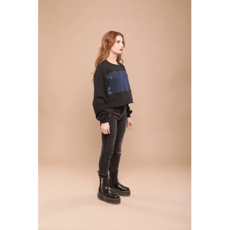 Sweat-shirt noir avec tissus impression cachemire - MAZIJ
