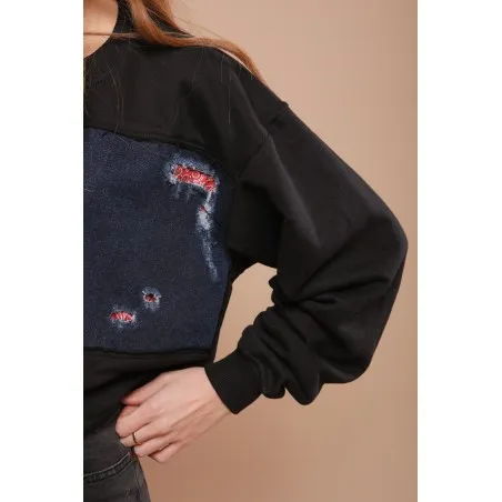 Sweat-shirt noir avec tissus impression cachemire - MAZIJ