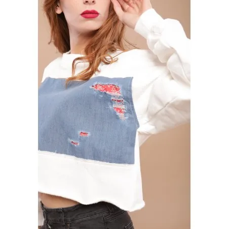 Sweat-shirt blanc avec tissus impression cachemire - MAZIJ