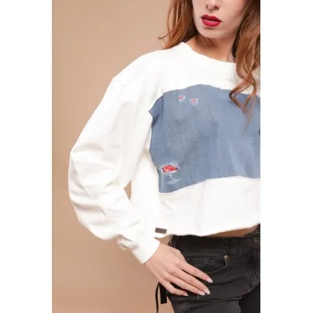 Sweat-shirt blanc avec tissus impression cachemire - MAZIJ