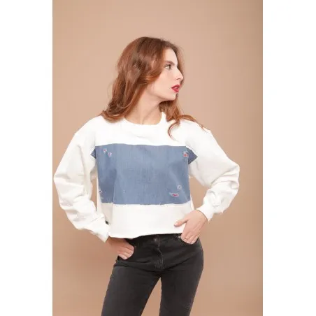 Sweat-shirt blanc avec tissus impression cachemire - MAZIJ