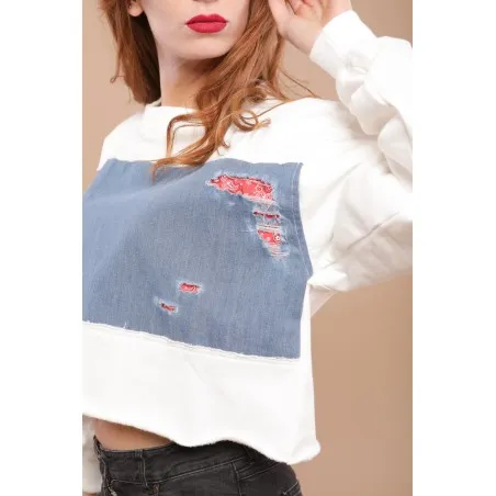 Sweat-shirt blanc avec tissus impression cachemire - MAZIJ