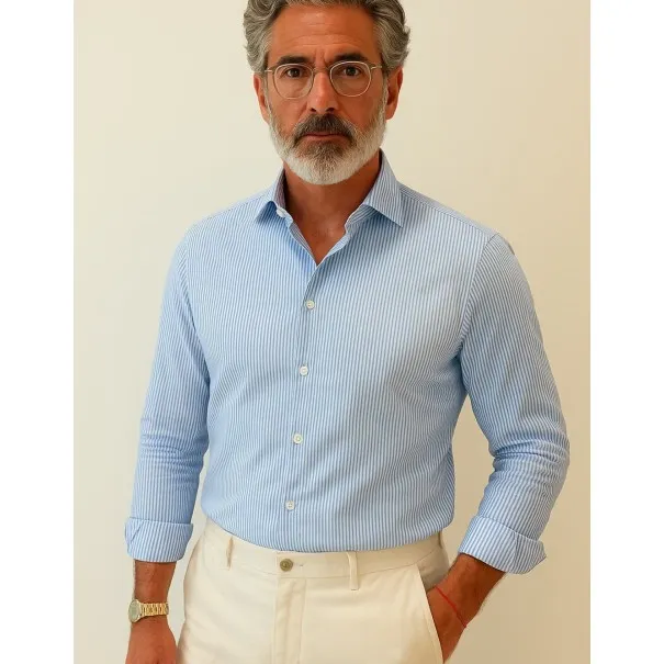 Chemise Homme Angelo Ricci Regular Fit en Popeline Rayée - Bleu Clair et Blanc - Angelo Ricci