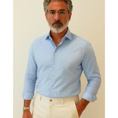 Chemise Homme Angelo Ricci Regular Fit en Popeline Rayée - Bleu Clair et Blanc - Angelo Ricci