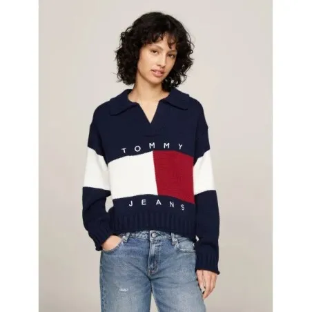 Tommy Jeans Pull Drapeau Rugby Bleu Marine DW0DW18677C1G - TOMMY JEANS