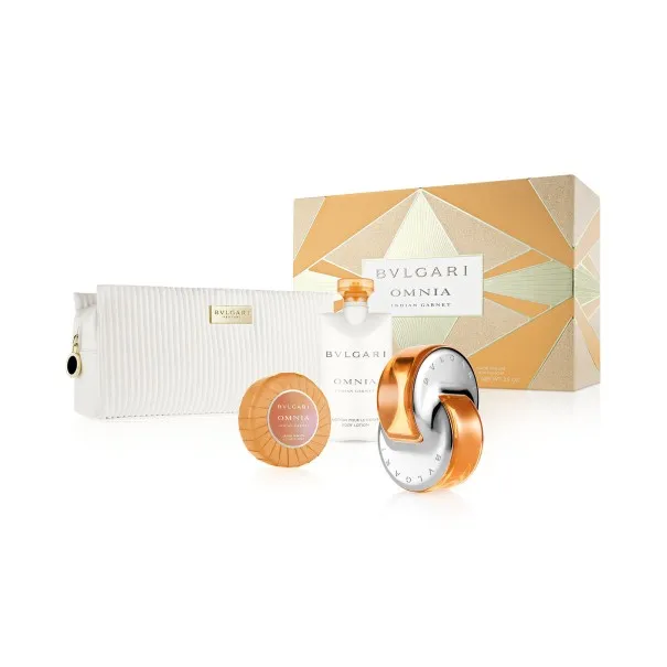BVLGARI OMNIA INDIAN GARNET 100 ml Coffret : 65 ml EDT SP + 75 ml BODY LOTION + 75 ml SOAP + BEAUTY POUCH - BVLGARI