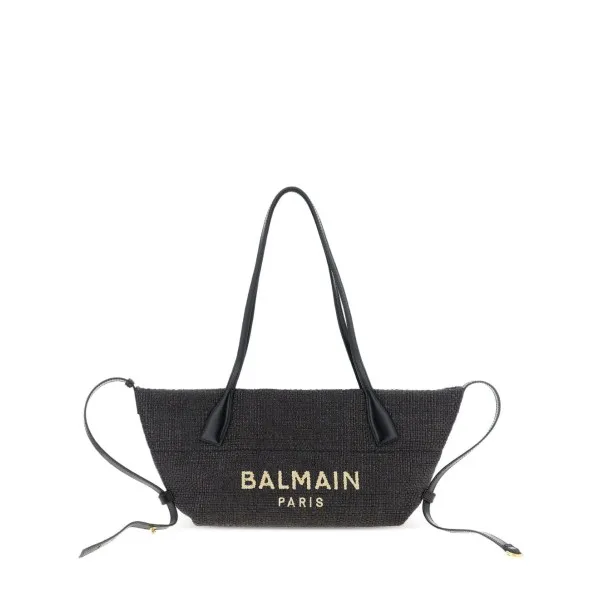 Balmain Track Small Tote Bag In Raffia And Calfskin - BALMAIN