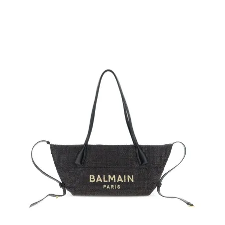 Balmain Track Small Tote Bag In Raffia And Calfskin - BALMAIN