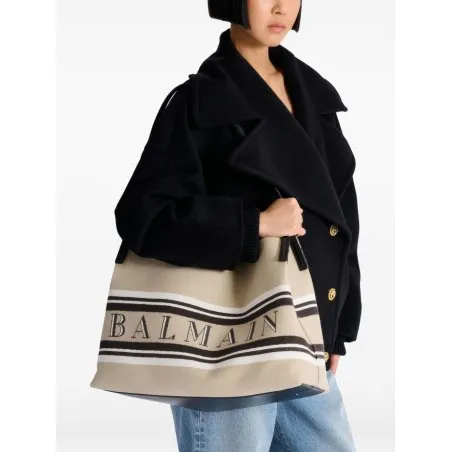 Balmain Medium Release Shopper Bag In Canvas And Calfskin - BALMAIN