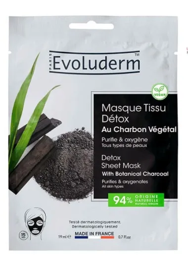 Masque visage detox evoluderm  TISSU DÉTOX AU CHARBON VÉGÉTAL ACTIF - evoluderm