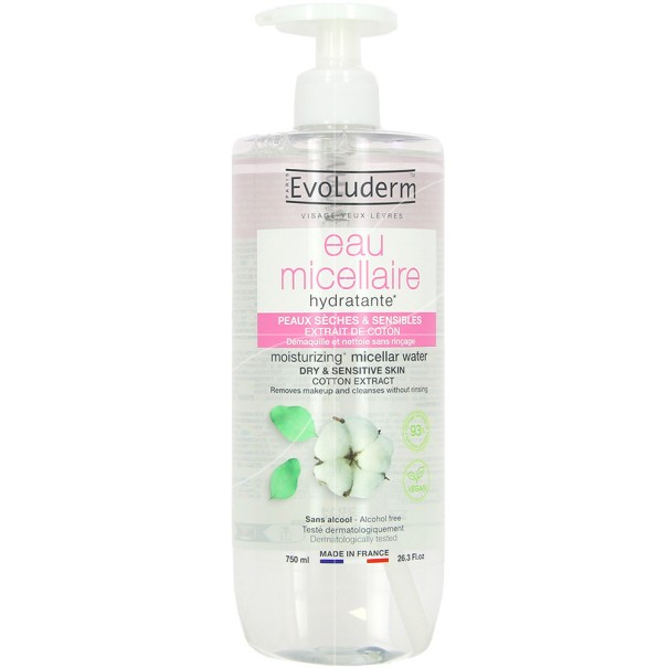 Eau Micellaire evoluderm  PEAUX SÈCHES & SENSIBLES EXTRAIT DE COTON - evoluderm