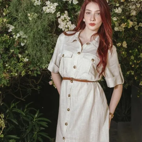 Robe en Lin à Demi-Manches et Ceinture- Estelle Femmes - Estelle