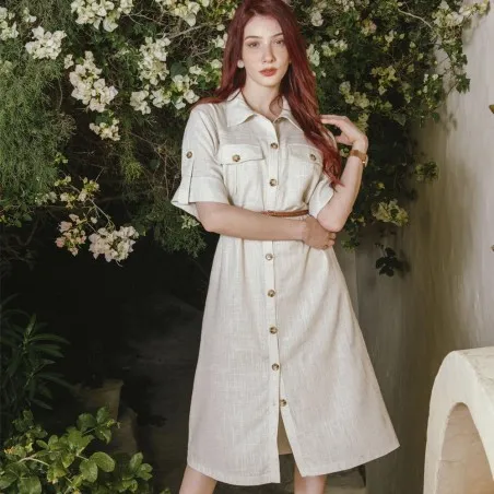 Robe en Lin à Demi-Manches et Ceinture- Estelle Femmes - Estelle