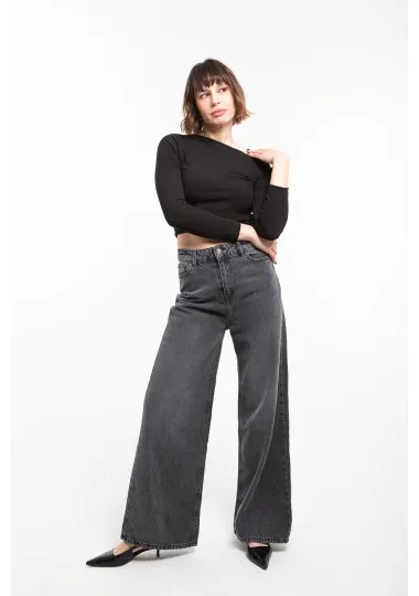 Jean large taille haute en denim gris délavé- Estelle Femmes - Estelle