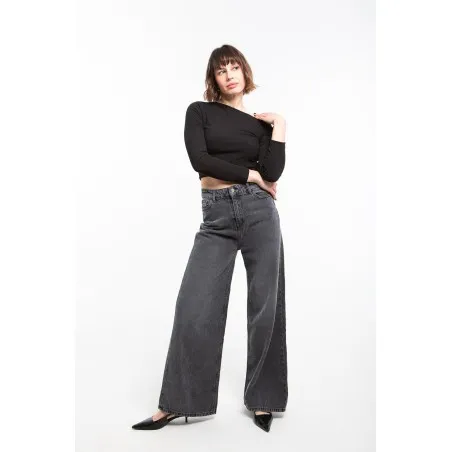 Jean large taille haute en denim gris délavé- Estelle Femmes - Estelle