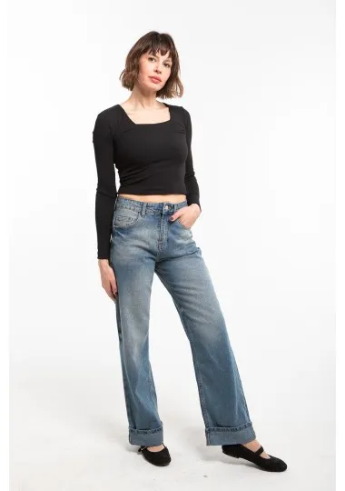 Jean wide leg taille haute avec revers- Estelle Femmes - Estelle