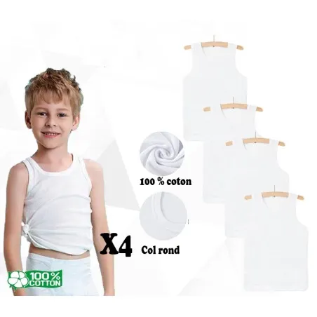 Lot 4 Débardeurs Pour garçons Blanc Coton - B2FWEAR