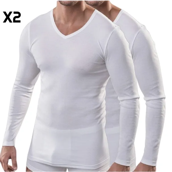 Pack 2 Pulls Manche Longue Coton Blanc Col V - B2FWEAR