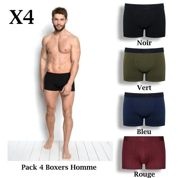 Lot de 4 Boxers Homme Coton Stretch Vert Noir Bleu Rouge - B2FWEAR