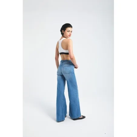 Pantalon large en denim avec ceinture à la taille - Billiorich