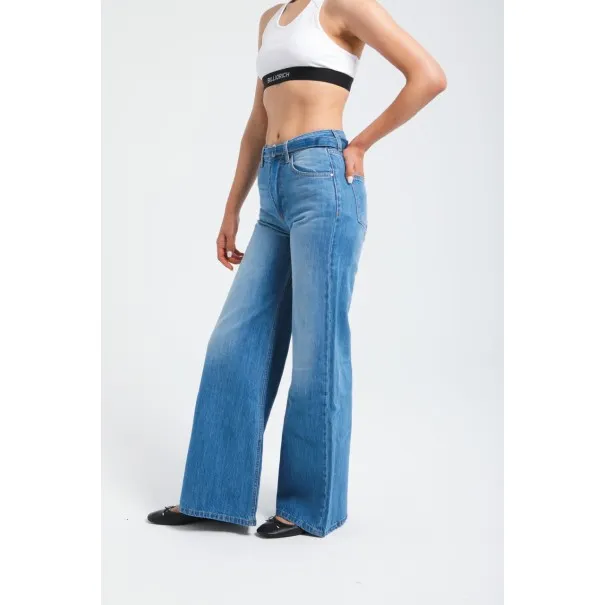 Pantalon large en denim avec ceinture à la taille - Billiorich