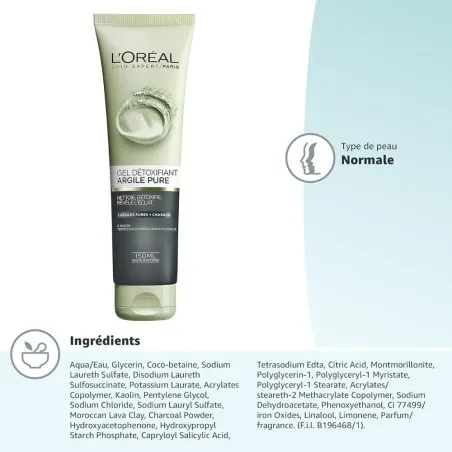 Gel Nettoyant L'Oréal  L'OREAL PARIS GEL DETOXIFIANT ARGILE PURE 150ML - L'OREAL