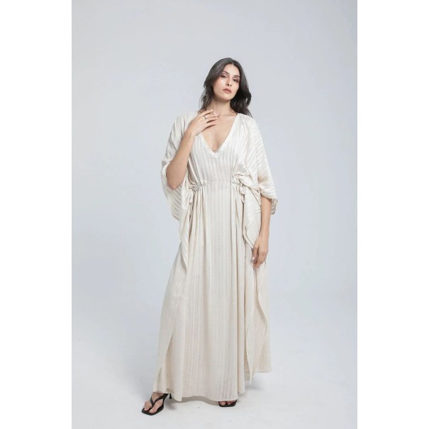 Ensemble Robe et pantalon en lin à rayures couleur sable - Estelle