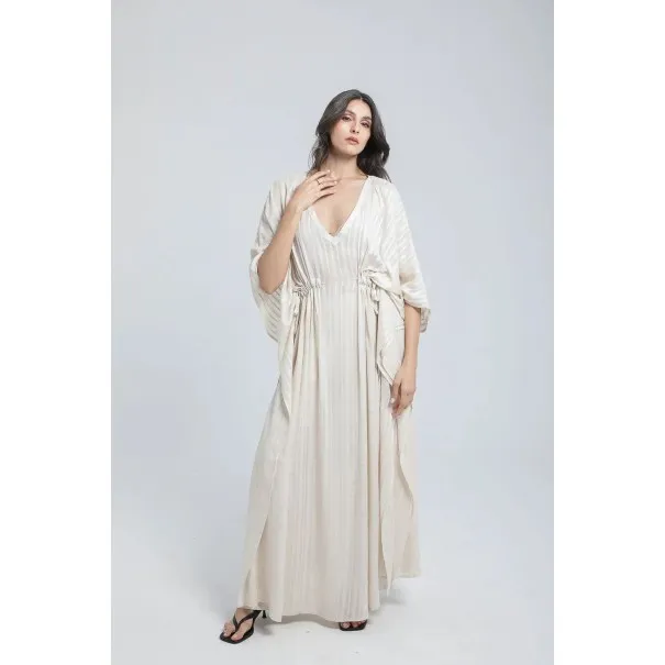 Ensemble Robe et pantalon en lin à rayures couleur sable - Estelle