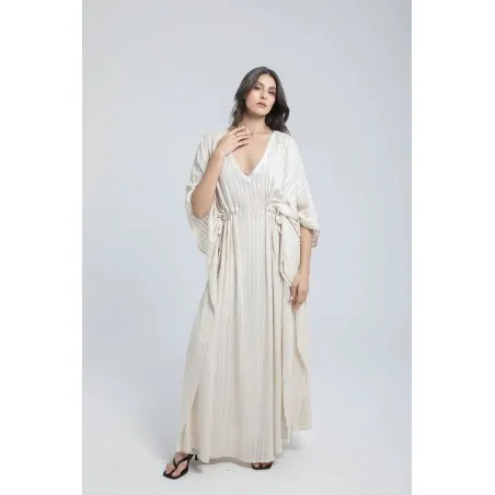 Ensemble Robe et pantalon en lin à rayures couleur sable - Estelle