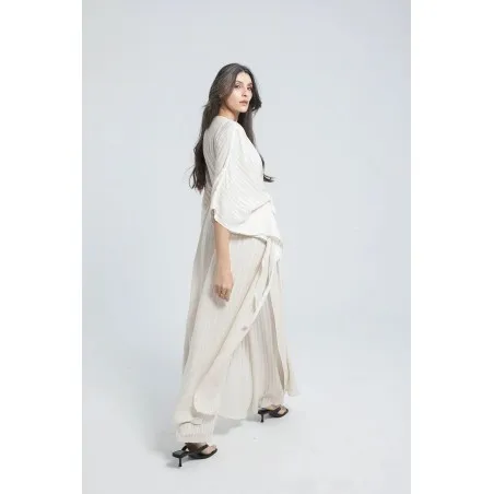 Ensemble Robe et pantalon en lin à rayures couleur sable - Estelle