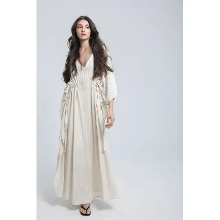 Ensemble Robe et pantalon en lin à rayures couleur sable - Estelle