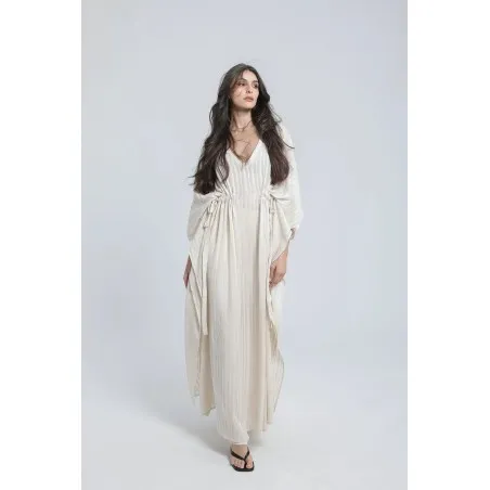 Ensemble Robe et pantalon en lin à rayures couleur sable - Estelle