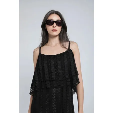 Robe longue en crochet noir effet superposition (Robe à volants) - Estelle
