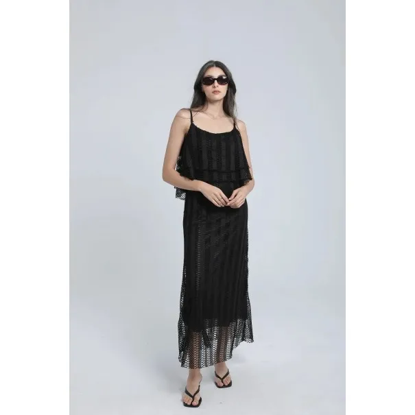 Robe longue en crochet noir effet superposition (Robe à volants) - Estelle