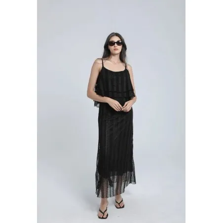 Robe longue en crochet noir effet superposition (Robe à volants) - Estelle