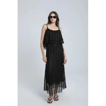 Robe longue en crochet noir effet superposition (Robe à volants) - Estelle