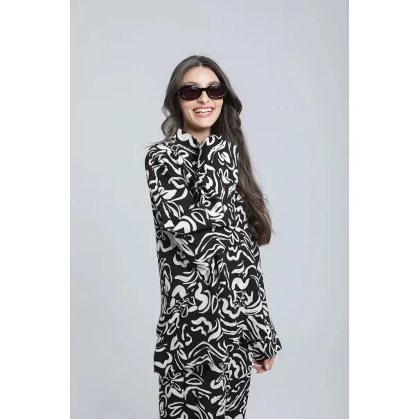 Ensemble chemise et pantalon fluide à motif abstrait noir et blanc - Estelle