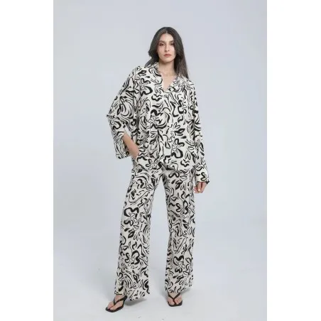 Ensemble chemise et pantalon fluide à motif abstrait noir et blanc - Estelle