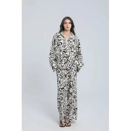 Ensemble chemise et pantalon fluide à motif abstrait noir et blanc - Estelle