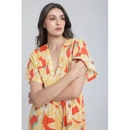 Robe longue à taille marquée et imprimé végétal - Estelle