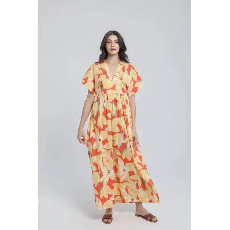 Robe longue à taille marquée et imprimé végétal - Estelle