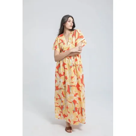 Robe longue à taille marquée et imprimé végétal - Estelle